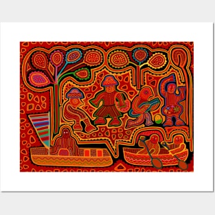 Kuna Indian Mola Men in Boats - Red Posters and Art